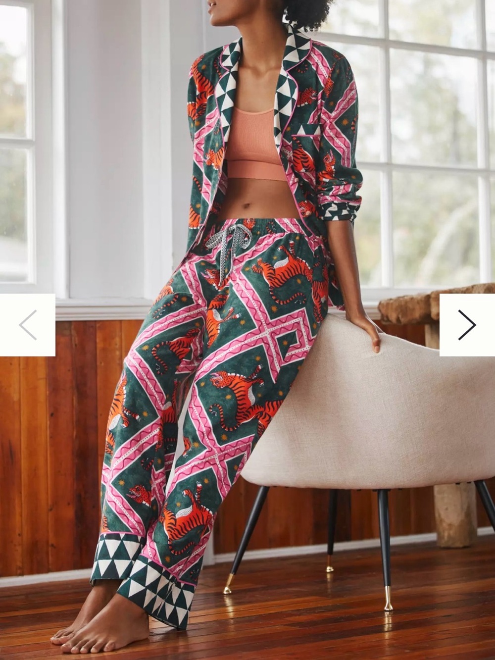 Anthropologie Corinne Lent Tigress Green/Pink  Flannel Pajama Set Size Small